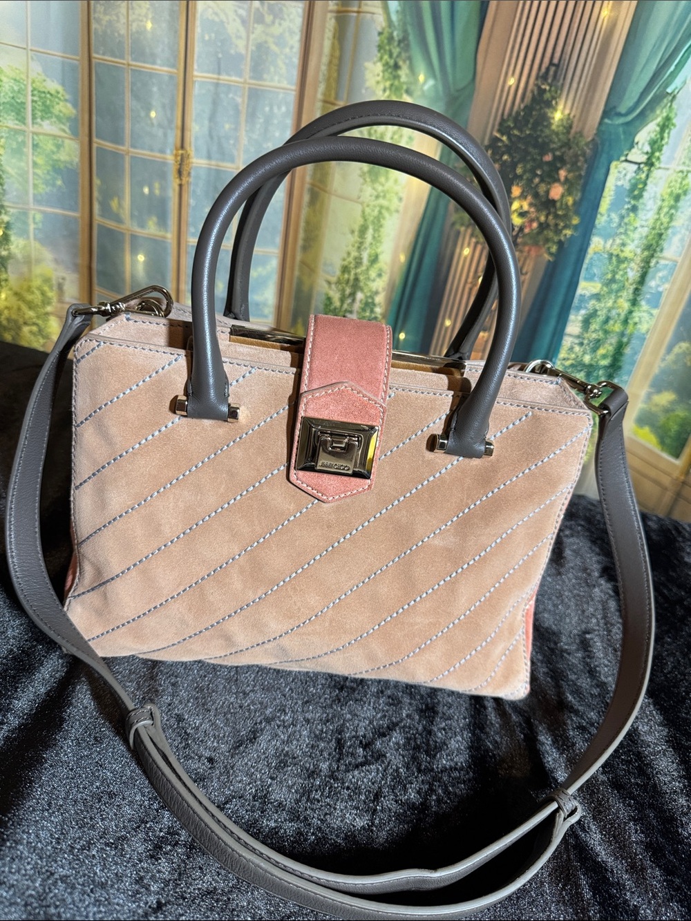 Jimmy Choo Suede Top-Handle Shoulder Bag Tan & Coral Gold Tone Accents
